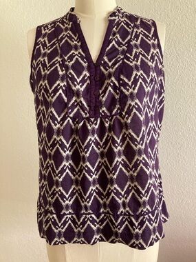 St. John's Bay Purple and Cream Ikat Split-Neck Sleeveless Top